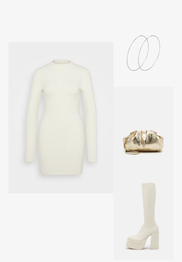 Langærmet kjole lavet af blødt, tekstureret hvidt stof; tætsiddende silhuet med rund halsudskæring og glat finish, der strækker sig til midten af låret.; Steve Madden CYPRESS - Plateaustøvler - off white; Guldmetallic clutchtaske med en rynket tekstur, blød rund form og en aftagelig kæderekke. Har et sammenfoldet design øverst.; Sølvøreringe med et minimalistisk design. Cirkulær form, glat tekstur og tynd profil. Letvægtige med en poleret overflade.
