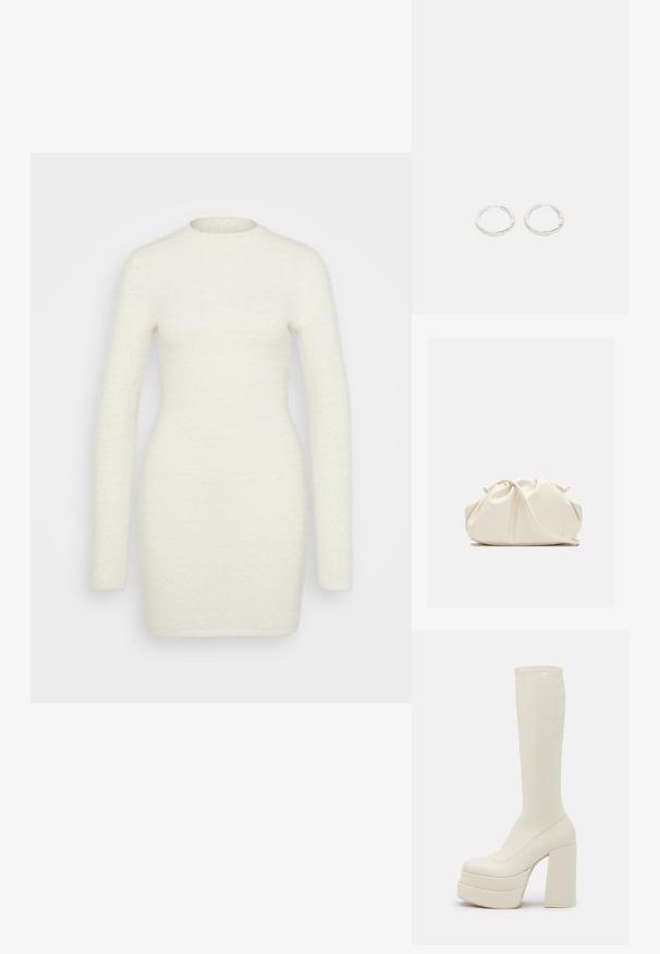 Langærmet kjole lavet af blødt, tekstureret hvidt stof; tætsiddende silhuet med rund halsudskæring og glat finish, der strækker sig til midten af låret.; Steve Madden CYPRESS - Plateaustøvler - off white; Blød, cremefarvet læder clutch taske med samlet, rynket design og en tynd skulderrem, der hviler foran på en ensfarvet baggrund.; Et par sølv hoopsøreringe med subtile graveringer, placeret på en ensfarvet hvid baggrund.