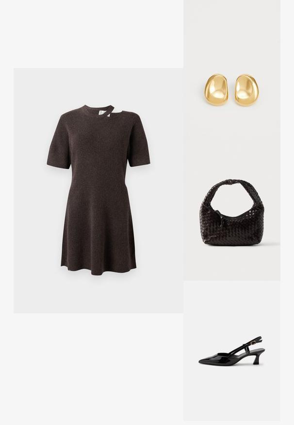 Donkerbruin geribbeld jurkje met korte mouwen, een ronde halslijn en een unieke open detail op de schouder. Zachte, gestructureerde stof.; Zwarte lakleren slingback kitten heel schoen met spitse neus en verstelbare gouden gespsluiting op een witte achtergrond.; Geweven leren handtas in donkerbruin, afgeronde vorm met een dikke gevlochten handgreep. Voorzien van een ritssluiting en subtiele branding aan de zijkant.; Gouden studs met een gladde, ronde vorm en een reflecterend oppervlak, met een minimalistisch ontwerp en zonder zichtbare patronen.
