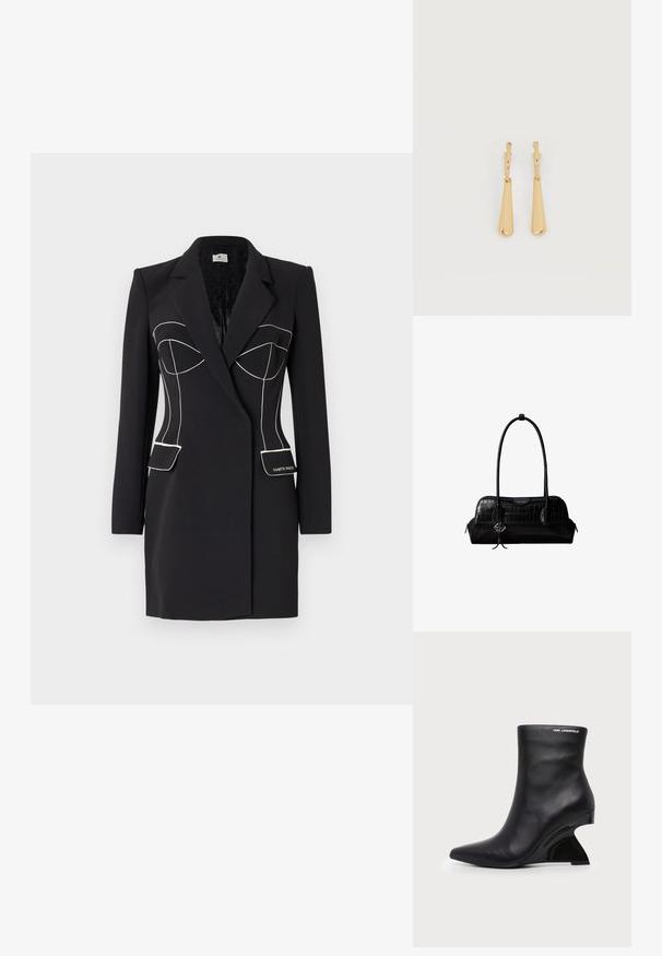 Čierny blazer s prispôsobeným strihom, zdobený bielym prešívaním, špičatými klopami a dvoma prednými vreckami. Hladká textura, moderný dizajn.; Čierna kožená členková topánka s zakriveným sochárskym podpätkom a logom Karl Lagerfeld blízko hornej hrany na bielom pozadí.; Čierna kožená kabelka na rameno s krokodílou štruktúrou, dlhými remienkami a malým strieborným príveskom s logom na jednom remienku.; Náušnice so zlatým tónom, visiace, s hladkými, predĺženými príveskami v tvare kvapky visiace na malých kruhových zapínaniach na bielom pozadí.