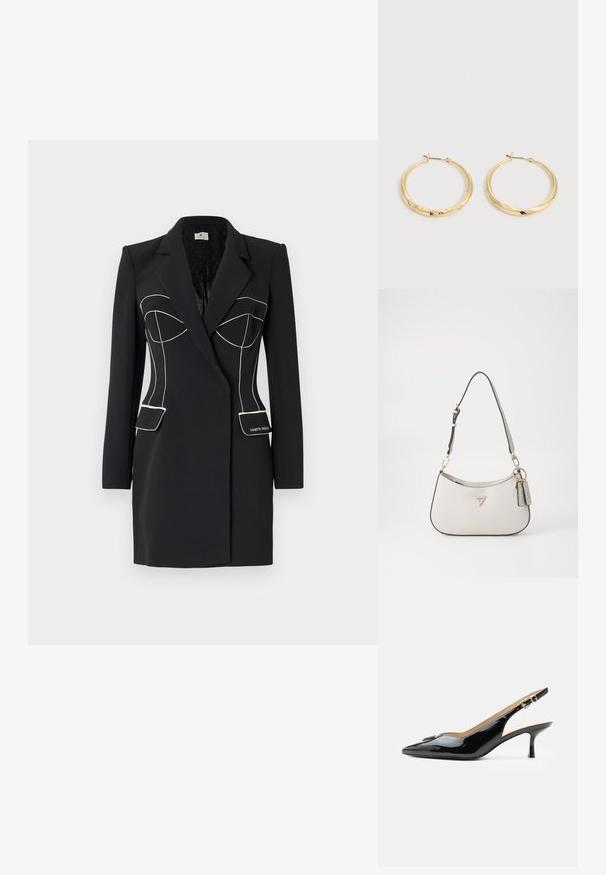 Čierny blazer s prispôsobeným strihom, zdobený bielym prešívaním, špičatými klopami a dvoma prednými vreckami. Hladká textura, moderný dizajn.; Čierny lakovaný slingback s špicatou špičkou, nízkym kitten opätkom a striebornou prackou na čistom bielom pozadí.; Biely textúrovaný kabelka s zakriveným tvarom, zlatým kovaním, odnímateľným popruhom a akcentom loga. Obsahuje pripevnenú značkovú tag.; Pár leštených zlatých kruhových náušníc s tenkými kolíkmi a pántovými zapínaniami, zobrazených na obyčajnom svetlošedom pozadí.