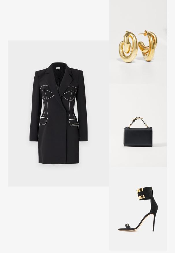 Sort blazer med skræddersyet pasform, der har hvid stikning, spidse revers og to forlommer. Glat tekstur, moderne design.; Sort ruskind stiletto sandal med tynd ankelrem med en bred guldfarvet metal manchet og et lille gyldent logo på den forreste rem.; Sort læderhåndtaske med rektangulær form, der har en top-håndtag og hardware i guldtonet. Glat tekstur, minimalistisk design.; Charlotte Chesnais BO INITIAL BLOW - Øreringe - gold-coloured