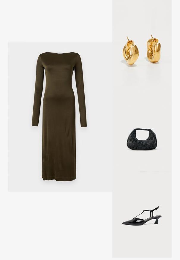 Langærmet kjole lavet af glat olivengrønt stof, med en lige silhuet og bådudskæring. Minimalistisk design uden mønstre.; Sort lakeret læder damesko med lav hæl, slingback, spids tå og tynd rem med lille spænde.; Sort flettet hobo-taske med blød struktur og integreret håndtag, vist på en ensfarvet lys baggrund.; Chunky guld hoop øreringe med et let snoet, rørformet design og postsystem bagpå, på en hvid baggrund.