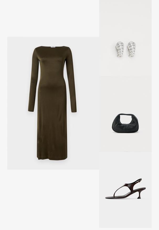 Langsleeve jurk van gladde olijfgroene stof, met een rechte silhouette en een bootnek. Minimalistisch ontwerp zonder patronen.; Donkerbruine lakleren slingbacksandaal met kittenheel en teenbandje op witte achtergrond.; Zwarte geweven hobo-tas met een zachte structuur en geïntegreerd handvat, weergegeven op een effen lichte achtergrond.; Zilveren clip-on oorbellen met een spiraalontwerp, voorzien van een gladde metallic textuur en ronde vormen. Geen zichtbare versieringen of patronen.