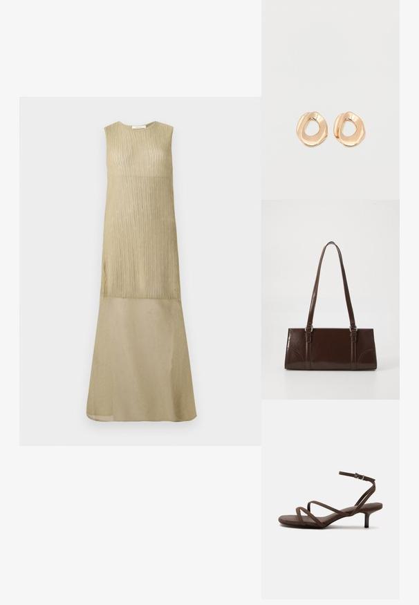 Vestido largo sin mangas en verde oliva claro con textura acanalada vertical en la parte superior y una tela suave y más clara para la sección de la falda.; Sandalia marrón de tacón alto con tiras finas cruzadas y una correa en el tobillo con una hebilla plateada sobre un fondo blanco.; Bolso de mano de piel sintética marrón con forma rectangular, dos asas largas y sutiles acentos curvados en la parte delantera.; Par de pendientes de aro de metal en tono dorado pulido, de forma irregular y con centro abierto, sobre un fondo blanco liso.