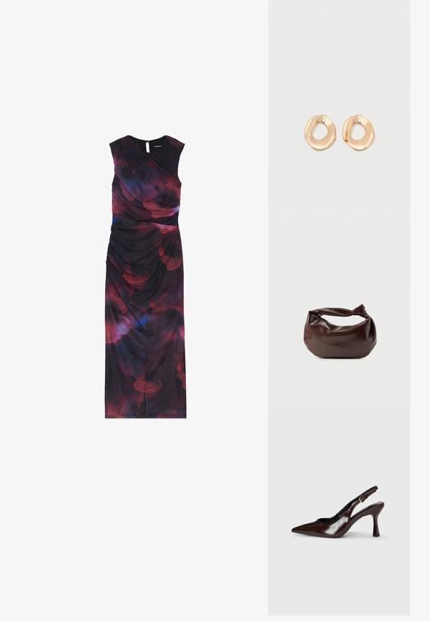 Vestido sin mangas, de largo hasta el suelo, en una tela oscura que presenta patrones florales abstractos en rojo y azul, con detalles fruncidos en el costado.; Zapatos de tacón slingback de charol marrón con punta afilada, tacón delgado y correa ajustable con una pequeña hebilla.; Bolso de hombro de cuero marrón oscuro con una forma suave y caída, y un asa con nudo torcido sobre un fondo blanco liso.; Par de pendientes de aro de metal en tono dorado pulido, de forma irregular y con centro abierto, sobre un fondo blanco liso.