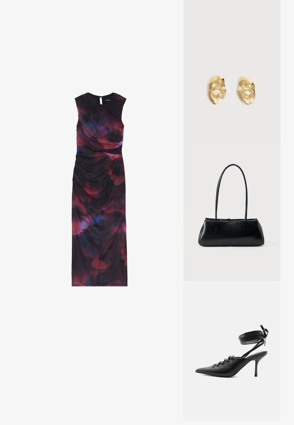 Vestido sin mangas, de largo hasta el suelo, en una tela oscura que presenta patrones florales abstractos en rojo y azul, con detalles fruncidos en el costado.; Zapato de tacón alto negro con punta puntiaguda, con cordones en la parte delantera y correas que rodean el tobillo atadas con un lazo, mostrado de lado sobre un fondo blanco.; Bolso de hombro rectangular negro con correas largas y delgadas y una textura lisa y brillante sobre un fondo liso.; Par de pendientes de metal dorado brillante, con forma irregular y superficie arrugada y lisa sobre un fondo claro y sencillo.