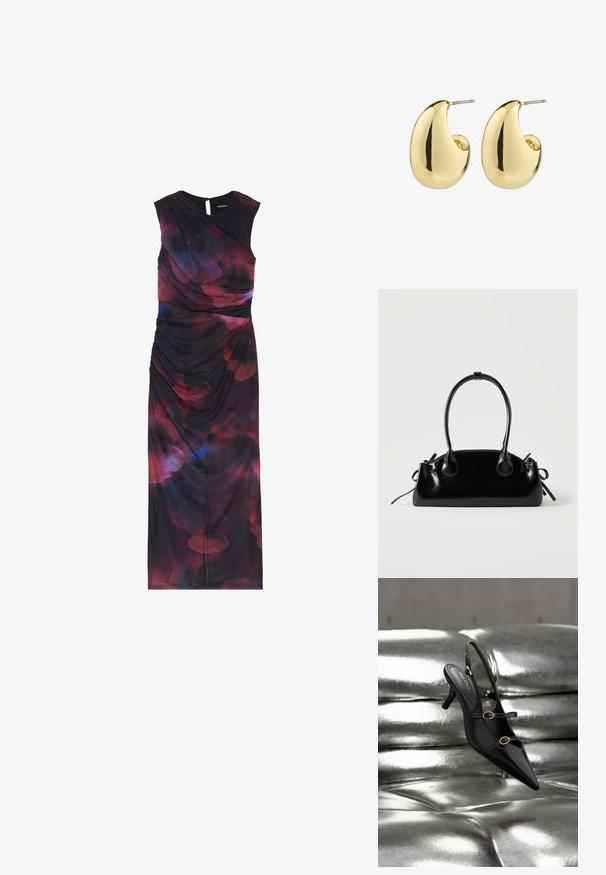 Robe sans manches, longue jusqu'au sol, en tissu foncé avec des motifs floraux abstraits rouges et bleus et des détails froncés sur le côté.; Escarpin slingback noir à bout pointu avec deux brides à boucle dorée reposant sur une surface rembourrée argentée brillante.; Petit sac à main noir brillant avec deux longues anses et des détails à cordon sur les côtés sur un fond clair uni.; Boucles d'oreilles en métal doré avec une surface lisse et polie, présentant une forme abstraite en goutte d'eau. Attache en tige métallique simple.