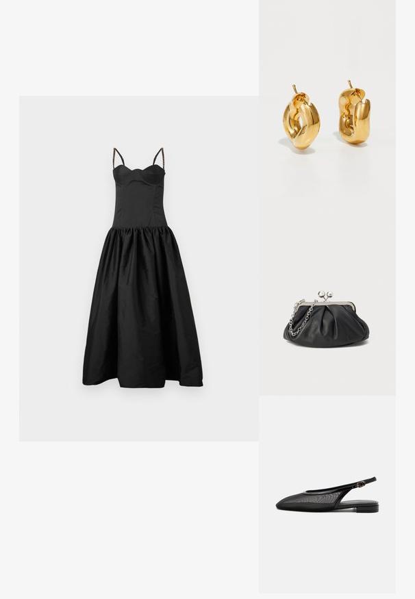 Schwarzes Kleid mit eng anliegendem Oberteil und weit ausgestellt, gerafftem Rock. Hat dünne Träger mit Perlenakzenten. Glatte Textur und unaufdringliches Design.; Schwarzer Slingback-Flachschuh mit spitzer Kappe, Mesh-Obermaterial, verstellbarem Schnallenriemen und niedrigem Blockabsatz auf weißem Hintergrund.; Schwarze Leder-Clutch mit geraffter Textur, silberfarbener Metallrahmen, Druckverschluss und Kettenriemen. Glatte, weiche Oberfläche.; Fette goldene Creolen mit einem leicht verdrehten, röhrenförmigen Design und Steckverschlüssen auf einem weißen Hintergrund.
