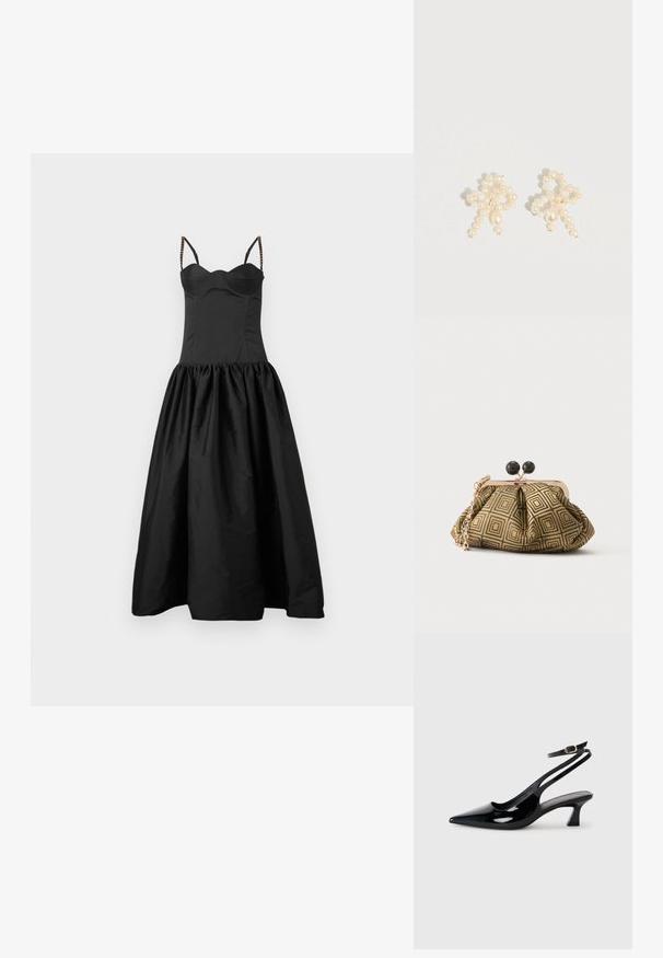 Robe noire avec un buste ajusté et une jupe évasée et froncée. Présente des fines bretelles avec des accents de perles. Texture lisse et design sobre.; Escarpins à brides arrière en cuir verni noir, à bout pointu, avec un petit talon carré et une sangle de cheville ajustable dotée d'une boucle dorée.; Petite pochette avec motif géométrique doré et noir, cadre en métal doré, fermeture à boule noire et une courte chaîne dorée.; Boucles d'oreilles en perles avec un design délicat combinant des perles de petite et moyenne taille, de couleur crème, en forme de nœud.