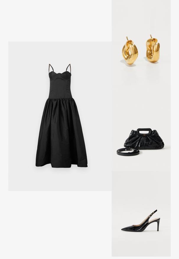 Robe noire avec un buste ajusté et une jupe évasée et froncée. Présente des fines bretelles avec des accents de perles. Texture lisse et design sobre.; Pompe slingback en cuir verni noir avec un bout pointu, un talon fin et un design de découpes subtil. Elle dispose d'une boucle dorée sur la sangle.; Petit sac à main en cuir noir avec texture froncée, poignée rectangulaire et fine bandoulière amovible placée à côté.; Boucles d'oreilles créoles en or massif avec un design tubulaire légèrement tordu et des fermoirs à tige sur un fond blanc.