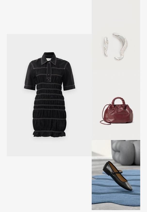 Zwarte jurk met korte mouwen, geknoopte kraag en gathered textuur. Heeft contrasterende witte stiksels en een gerimpelde onderrand.; Zwart leren Mary Jane-schoen met gespsluiting, geplaatst op een gestructureerd blauw tapijt, met een wazige grijze gestoffeerde bank op de achtergrond.; Bordeaux lederen handtas met een gevlochten handvat, zachte textuur en een ronde vorm. Voorzien van een afneembare schouderriem voor veelzijdigheid.; Twee gebogen zilveren oorbellen, de één groter dan de ander, beide versierd met kleine fonkelende kristallen langs één rand.