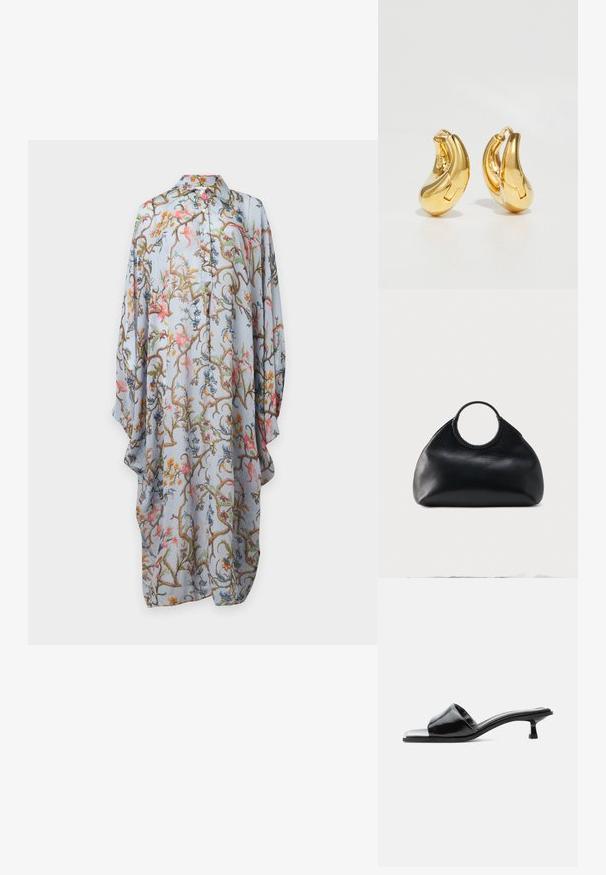 Robe bleu clair à manches longues boutonnée avec motif floral et de vigne coloré, coupe ample et col pointu sur fond uni.; Mule ouverte en cuir verni noir avec un petit talon kitten bas et une large bride sur les orteils, présentée en profil sur un fond uni.; Sac à main en cuir noir de forme arrondie avec une anse supérieure circulaire enveloppée de couture en cuir assorti.; Boucles d'oreilles en or en forme de d'anneaux lisses et courbés avec une finition polie. Équipées d'un mécanisme de fermeture et de légères indentations pour le détail.