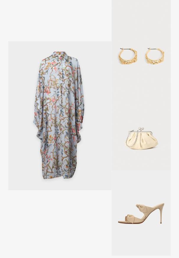Vestido de manga larga azul claro con botones, con patrón colorido de flores y enredaderas, corte suelto y cuello puntiagudo sobre fondo liso.; Sandalia mule de tacón alto color beige con dos tiras nudo retorcidas y tacón stiletto delgado sobre fondo blanco.; Clutch de cuero beige plisado con un marco de metal plateado, que cuenta con dos broches decorativos redondos y una correa de cadena plateada.; Par de pendientes de aro en tono dorado con grabados ornamentales de flores y hojas sobre un fondo neutro.