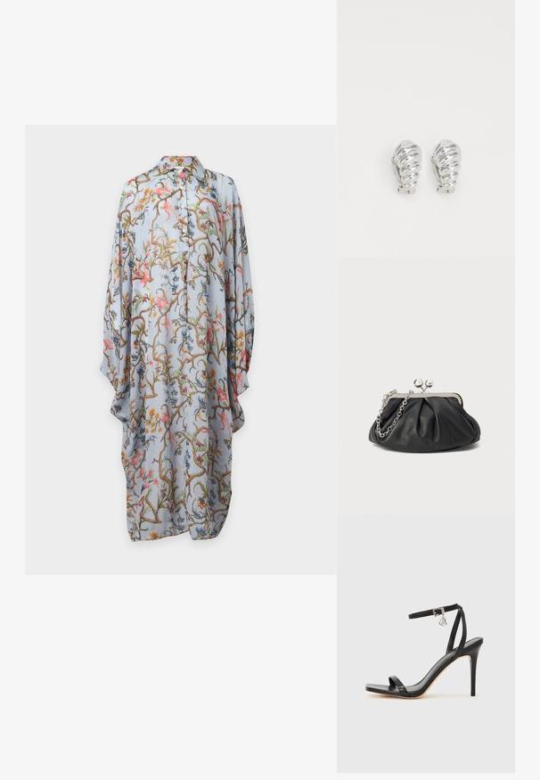 Robe bleu clair à manches longues boutonnée avec motif floral et de vigne coloré, coupe ample et col pointu sur fond uni.; Sandale à talon haut noire avec une bride étroite à la cheville, bout carré, cuir lisse et accent de boucle métallique.; Porte-monnaie en cuir noir avec texture froncée, cadre en métal argenté, fermeture à verrouillage kiss-lock et bandoulière en chaîne. Surface lisse et douce.; Boucles d'oreilles en clip argentées avec un design en spirale, présentant une texture métallique lisse et des formes arrondies. Pas d'embellissements ou de motifs visibles.