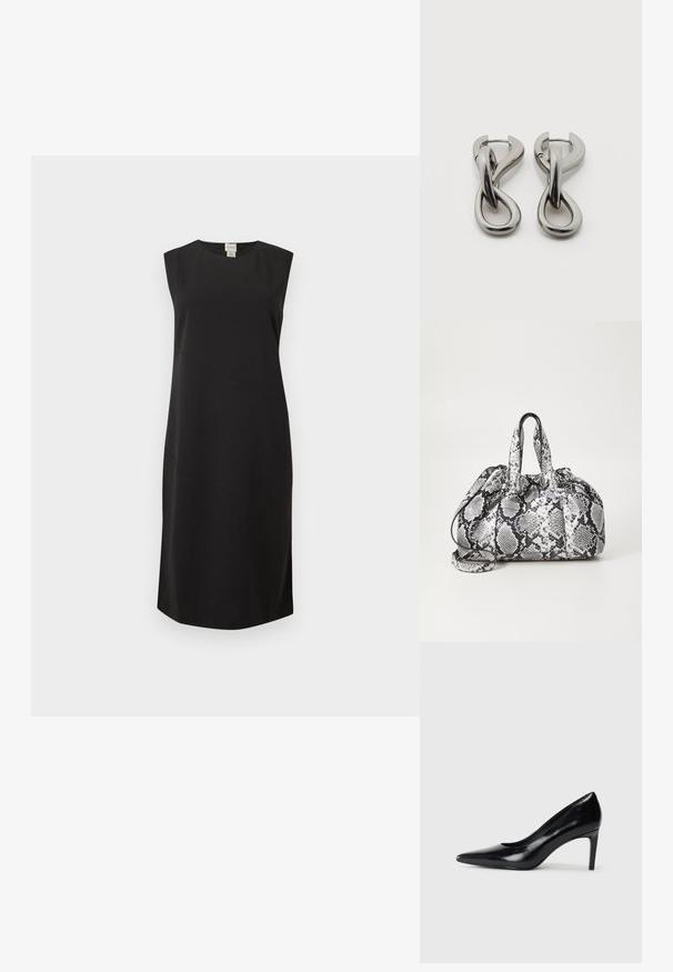 Robe noire sans manches, longueur au genou, avec col rond et détails subtils de coutures diagonales, sur un fond clair uni.; Chaussure à talon haut en cuir noir avec un bout pointu, texture lisse et un talon effilé. Design minimaliste, sans embellissements supplémentaires.; Sac à main en motif peau de serpent noir et blanc avec deux poignées, une fermeture à cordon et une bandoulière amovible. Texture lisse.; Paire de boucles d'oreilles en métal argenté avec un motif abstrait d'anneaux entrelacés sur fond blanc.