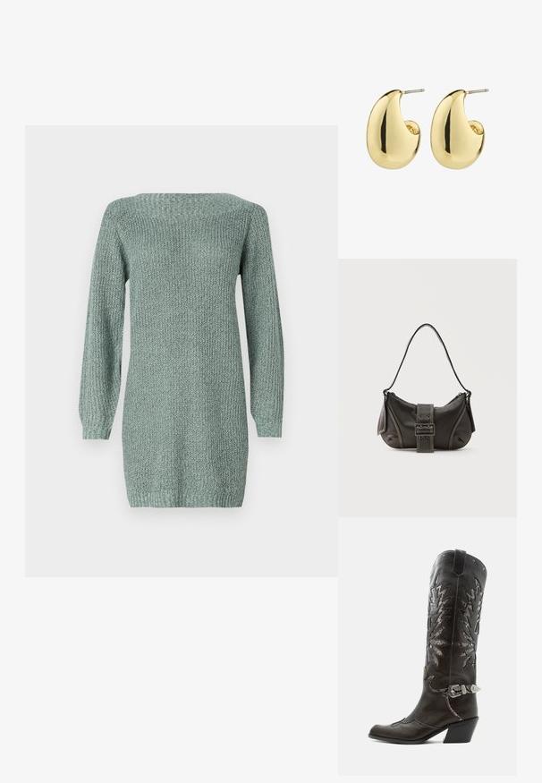 Strickkleid in Hellgrün mit langen Ärmeln, weitem Ausschnitt und strukturiertem Stoff. Verfügt über einen geraden Schnitt und einen gerippten Saum.; Schwarzer Leder-Cowboystiefel mit dekorativen Ausschnitten, silberner Schnalle und schräger Ferse, auf weißem Hintergrund dargestellt.; Schwarze Leder-Schultertasche mit Schnallengurt-Detail, abgerundeten Kanten und kontrastierenden weißen Nähten auf schlichtem Hintergrund.; Goldfarbene Steckerohrringe mit einer glatten, glänzenden Oberfläche, die eine abstrahierte, tropfenförmige Form aufweisen. Einfache Metallstiftbefestigung.