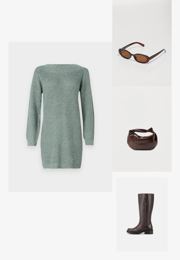 Vestido de punto en verde claro con mangas largas, escote amplio y tejido texturizado. Presenta un corte recto y bajo acanalado.; Bota alta de piel marrón oscuro con tacón bloque bajo y puntera redondeada, mostrada de lado sobre un fondo blanco liso.; Gafas de sol redondas con tinte marrón y un marco burdeos brillante. Patillas delgadas con un sutil detalle de marca. Diseño de lentes planos.; Bolso de hombro de cuero marrón oscuro con una forma suave y caída, y un asa con nudo torcido sobre un fondo blanco liso.