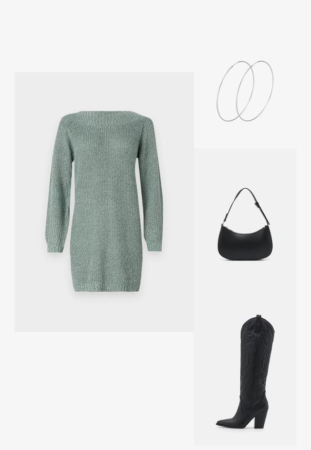 Robe en tricot de couleur vert clair avec des manches longues, un décolleté large et un tissu texturé. Présente une coupe droite et un ourlet côtelé.; Zign by Zalando LEATHER - Bottes de cowboy / motard - black; Pieces PCALUANA SHOULDER BAG - Sac à main - black; Boucles d'oreilles en argent au design minimaliste. Forme circulaire, texture lisse et profil fin. Légères avec une finition polie.