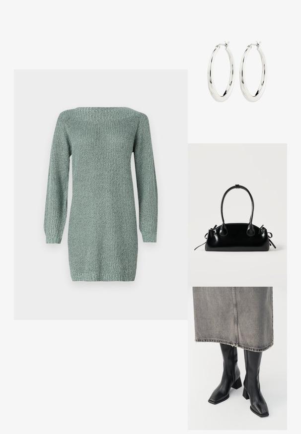 Robe en tricot de couleur vert clair avec des manches longues, un décolleté large et un tissu texturé. Présente une coupe droite et un ourlet côtelé.; Bottes noires montantes en cuir lisse avec un bout carré et un talon bloc. Portées avec une jupe en denim grise à l'ourlet effiloché.; Petit sac à main noir brillant avec deux longues anses et des détails à cordon sur les côtés sur un fond clair uni.; Boucles d'oreilles créoles en argent avec une finition lisse et brillante. Forme circulaire, dotée d'un fermoir sécurisé. Design simple et élégant.