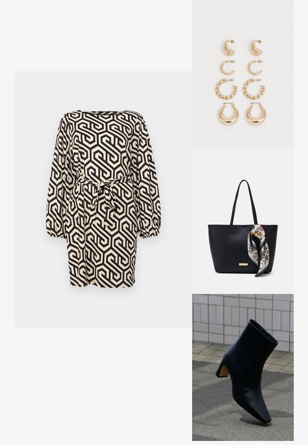 Robe à motif géométrique noir et crème avec de longues manches ballon, un col carré et une ceinture nouée à la taille. Tissu texturé.; Bottine noire en cuir avec talon bloc, posée sur un trottoir gris devant un mur clair carrelé.; Sac fourre-tout en cuir noir avec deux poignées, orné d'une écharpe en soie florale attachée à la poignée et d'un accent logo métallique à l'avant.; Ensemble de cinq boucles d'oreilles en or, avec des designs variés : surfaces torsadées, striées et lisses en formes de créoles et de croissants.