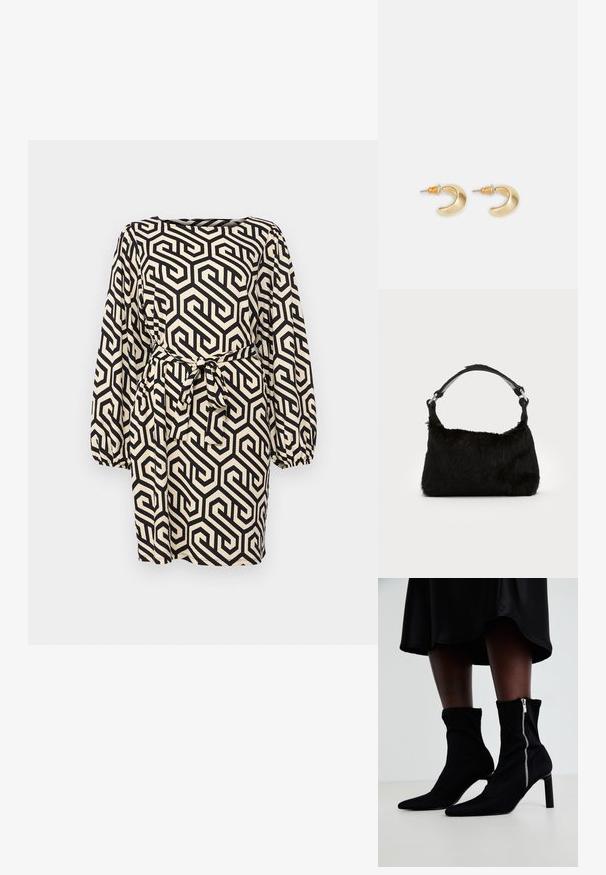 Schwarz-weißes Kleid mit geometrischem Muster, langen Ballonärmel, quadratischem Ausschnitt und einem gebundenen Taillengürtel. Strukturiertes Material.; Schwarze Ankle-Boots mit einem dehnbaren Stoff-Oberteil, spitzem Zehenbereich und seitlichem Reißverschluss, auf einem schlanken, hohen Absatz.; Schwarze Kunstfell-Handtasche mit weicher Textur, runder Form und einem stabilen schwarzen Leder-Schulterriemen. Sichtbare silberne Hardware-Akzente.; Goldene, mondförmige Ohrringe mit glatter Oberfläche, die orangefarbene Akzente nahe dem Stecker und silberne Beschläge aufweisen.