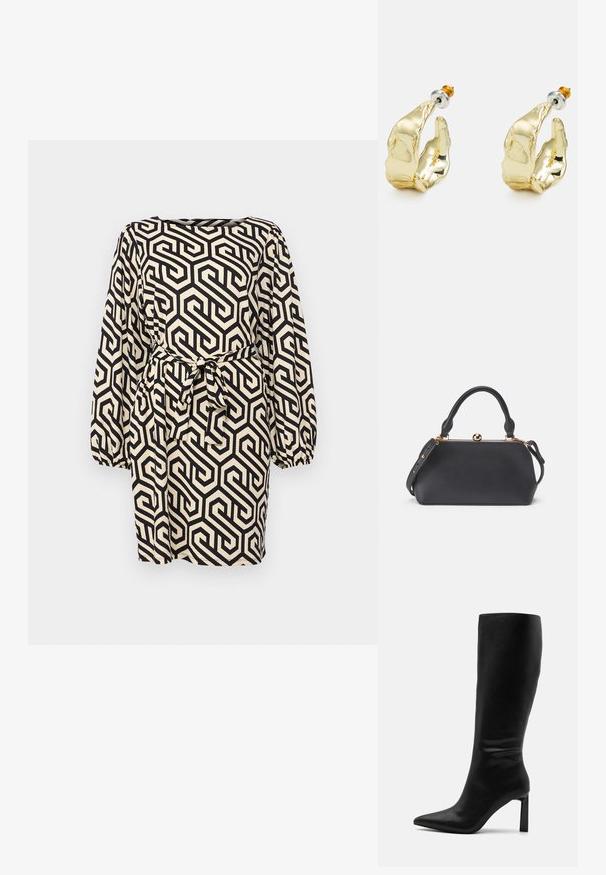 Vestido de estampado geométrico negro y crema con mangas largas tipo globo, escote cuadrado y cinturón atado en la cintura. Tejido texturizado.; Even&Odd by Zalando Botas - black; Bolso de cuero negro con parte superior redondeada, mango corto y correa desmontable. Presenta un cierre metálico y una textura suave.; Pendientes en tono dorado con forma de manos abstractas, que presentan una superficie brillante, detalles intrincados y un poste de plata y oro para un ajuste seguro.