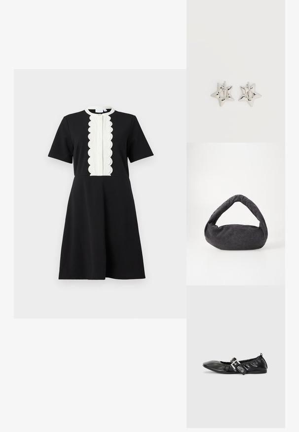 Robe noire à manches courtes, dotée d'un panneau texturé blanc en forme de coquille sur le devant et d'un col rond. Tissu lisse, coupe trapèze.; Chaussure plate en cuir noir avec un nez pointu, des détails froncés autour de l'ouverture et un accent en boucle argentée sur la bride ajustable.; Sac en tissu gris foncé avec une anse courbée, texture douce et forme arrondie. Pas de matériel ou d'embellissements visibles.; Boucles d’oreilles créoles en forme d’étoile argentée avec une finition lisse et polie sur un fond blanc uni.