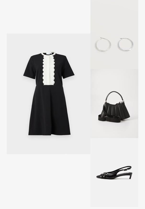 Robe noire à manches courtes, dotée d'un panneau texturé blanc en forme de coquille sur le devant et d'un col rond. Tissu lisse, coupe trapèze.; Chaussure slingback en cuir noir avec bout pointu, trois boucles argentées à l'avant et petit talon kitten sur fond blanc.; Sac à main plissé noir avec une poignée arrondie, une bandoulière réglable et une texture brillante. Présente des accessoires en argent et une silhouette structurée.; Boucles d’oreilles créoles en métal argenté avec une surface lisse légèrement incurvée et des fermoirs à clapet sur un fond blanc uni.