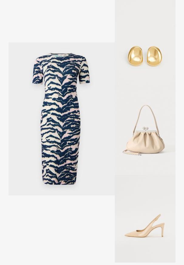 Knie-langes Kleid in figurnaher Passform, mit einem Tiermuster in Marineblau, Pink und Creme; kurze Ärmel und runder Ausschnitt.; Nude patentleder Slingback-Absatzschuh mit spitzer Zehenpartie, offenem Vorderblatt und dünnem Stiletto-Absatz. Verfügt über ein kreisförmiges goldfarbenes Akzent auf dem Riemen.; Beige weiche Lederhandtasche mit silbernem Metallrahmenverschluss, einem Schulterriemen und einem optionalen Kettenriemen auf weißem Hintergrund.; Goldfarbene Ohrstecker mit einer glatten, runden Form und einer reflektierenden Oberfläche, die ein minimalistisches Design ohne sichtbare Muster zeigen.