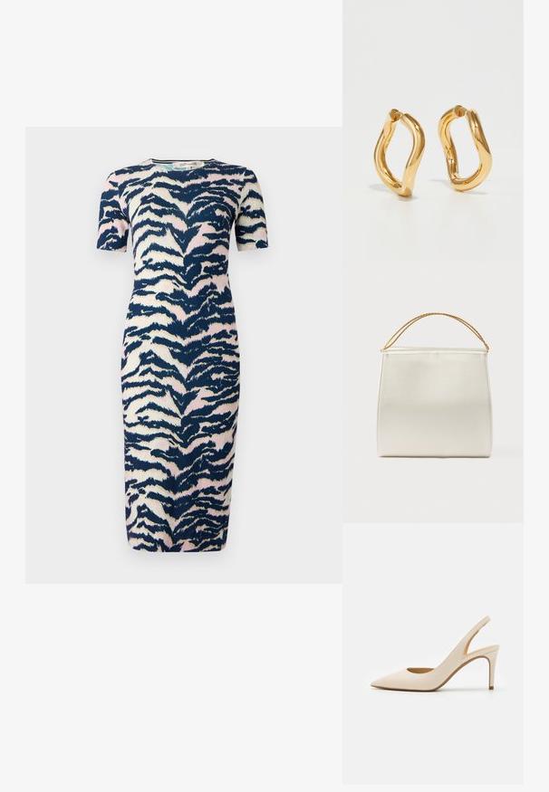 Knedelange kjole i tætsiddende design med et navy, pink og cremet dyreprintmønster; korte ærmer og rund halsudskæring.; Beige læder slingback-pumpe med spids tå og en tynd høj hæl. Har en udskæring ved hælen og en glat finish.; Struktureret taske i satinfinish, cremefarvet, med en kæde til skulderrem. Har en flad, glat tekstur og rene syninger.; Guldfarvede hoops øreringe med en buet, uregelmæssig form og en glat, poleret overflade. Ingen synligt hardware eller dekorationer.