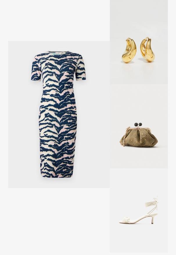 Robe mi-longue au design ajusté, avec un motif imprimé animal bleu marine, rose et crème ; manches courtes et col rond.; Sandale à talon bas de couleur crème avec des liens à nouer autour de la cheville et une large bride torsadée sur les orteils, sur un fond blanc uni.; Petite pochette avec motif géométrique doré et noir, cadre en métal doré, fermeture à boule noire et une courte chaîne dorée.; Boucles d'oreilles en or en forme de d'anneaux lisses et courbés avec une finition polie. Équipées d'un mécanisme de fermeture et de légères indentations pour le détail.