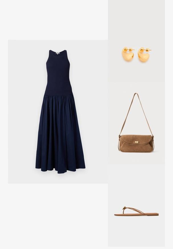Robe bleu marine avec un corsage ajusté à côtes et une jupe bouffante et volumineuse. Fabriquée dans un tissu lisse avec une finition mate.; Sandale plate beige avec fines doubles lanières sur le doigt de pied et le côté, ornée d'un petit élément décoratif métallique près de la bride entre les orteils.; Sac à bandoulière en daim marron avec une longue sangle et un fermoir tournant rectangulaire doré sur le rabat avant, sur un fond uni.; Paire de petites boucles d'oreilles clous épaisses en métal doré avec des formes lisses, courbes et abstraites sur un fond clair.