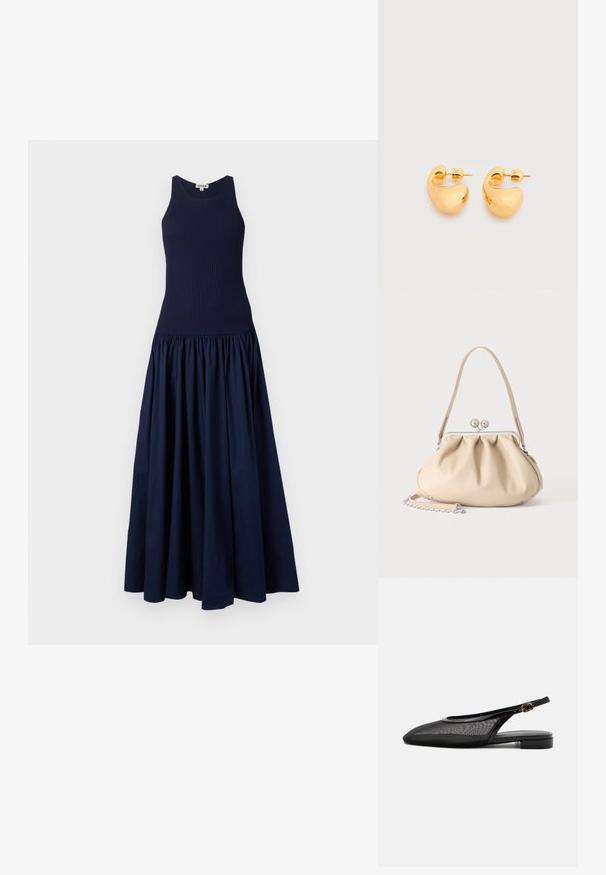 Robe bleu marine avec un corsage ajusté à côtes et une jupe bouffante et volumineuse. Fabriquée dans un tissu lisse avec une finition mate.; Chaussure plate noire à bride arrière, bout pointu, tige en mesh, bride à boucle réglable et petit talon empilé sur fond blanc.; Sac à main en cuir souple beige avec un fermoir en métal argenté, une bandoulière simple et une bandoulière chaîne optionnelle sur fond blanc.; Paire de petites boucles d'oreilles clous épaisses en métal doré avec des formes lisses, courbes et abstraites sur un fond clair.