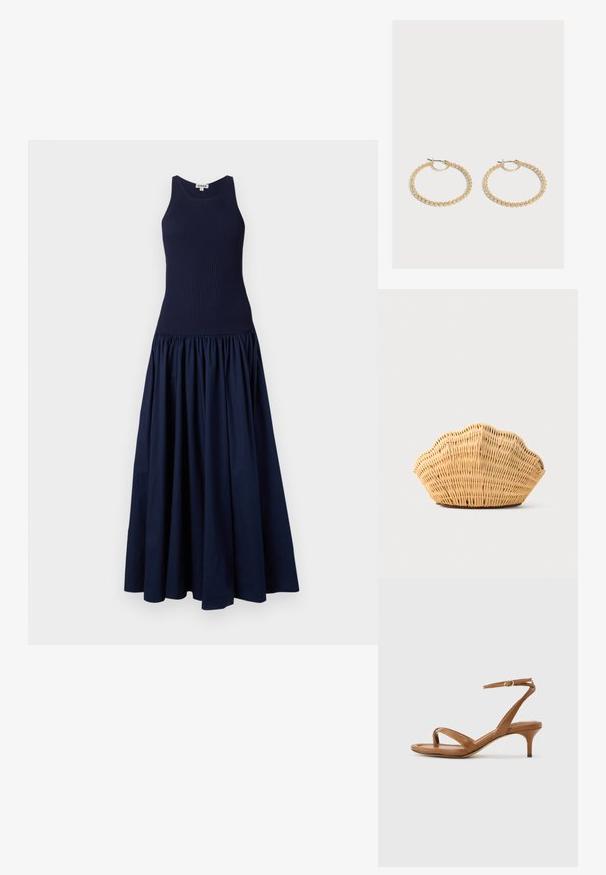 Robe bleu marine avec un corsage ajusté à côtes et une jupe bouffante et volumineuse. Fabriquée dans un tissu lisse avec une finition mate.; Sandale en cuir marron avec lanières, talon bas en forme de petit escarpin et bride à la cheville avec une petite boucle, vue de côté sur un fond uni.; Sac à main en rotin tissé en forme de coquille Saint-Jacques de couleur brun clair naturel avec des bords arrondis et texturés.; Paire de boucles d'oreilles créoles en or de taille moyenne avec un design texturé et perlé sur un fond clair uni.