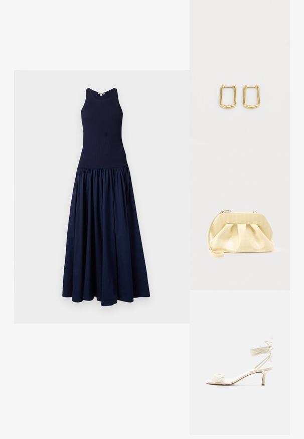 Robe bleu marine avec un corsage ajusté à côtes et une jupe bouffante et volumineuse. Fabriquée dans un tissu lisse avec une finition mate.; Sandale à talon bas de couleur crème avec des liens à nouer autour de la cheville et une large bride torsadée sur les orteils, sur un fond blanc uni.; Pochette en cuir couleur crème avec un cadre supérieur structuré et une lanière pour poignet, présentée sur un fond clair uni.; Boucles d'oreilles en or en forme rectangulaire irrégulière, avec une texture lisse et un éclat subtil. Design simple sans embellissements.