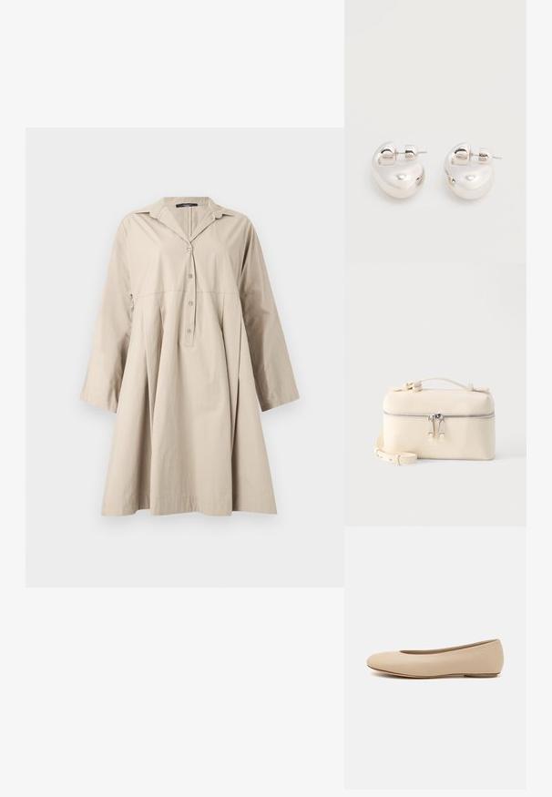 Beige skjortekjole med lange ærmer, krave, knaplukning foran og en udvidet, løs pasform under taljen.; Beige læder balletflade med afrundet tå, minimal sømdetaljering, lav hæl og subtilt logo på bagsiden. Glat, mat tekstur.; Rektangulær cremefarvet lædertaske med dobbelt sølvlynlås, top-håndtag og justerbar skulderrem på ensfarvet hvid baggrund.; Par af skinnende sølv store øreringe med lukning på bagsiden mod en ensfarvet hvid baggrund.
