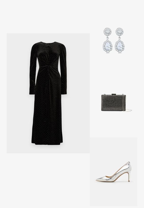 Schwarzes Samtkleid mit langen Ärmeln, einem geknoteten Vorderdesign und weißen Punkten, das eine bodenlange Silhouette hat.; Silberne, metallisch glänzende Pumps mit spitzem Zehenbereich, glatter Oberfläche, 10 cm Absatzhöhe und dezentem Faltenmuster auf der Oberfläche.; Rechteckige Clutch-Tasche mit einer schwarzen strukturierten Oberfläche, verziert mit metallischen Akzenten und einem abnehmbaren silbernen Kettenriemen.; Ohrringe in Silberfarbe mit einem runden Stecker im Pavé-Stil und einem tropfenförmigen Anhänger, der von kleineren Steinen umgeben ist, was einen funkelnden Effekt betont.