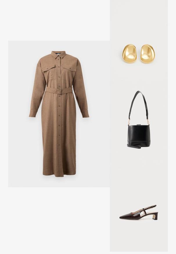 Robe chemise marron à manches longues avec col, fermeture à boutons, deux poches poitrine et une ceinture assortie. Fabriquée en tissu texturé et tissé.; Chaussure slingback en cuir marron foncé à texture crocodile, bout pointu, talon bas bloc et bride ajustable avec boucle dorée.; Sac seau en cuir noir avec large bandoulière réglable et sangle de poignet amovible sur fond gris clair.; Boucles d'oreilles en forme de clou de couleur or, avec une forme lisse et arrondie et une surface réfléchissante, mettant en avant un design minimaliste sans motifs visibles.