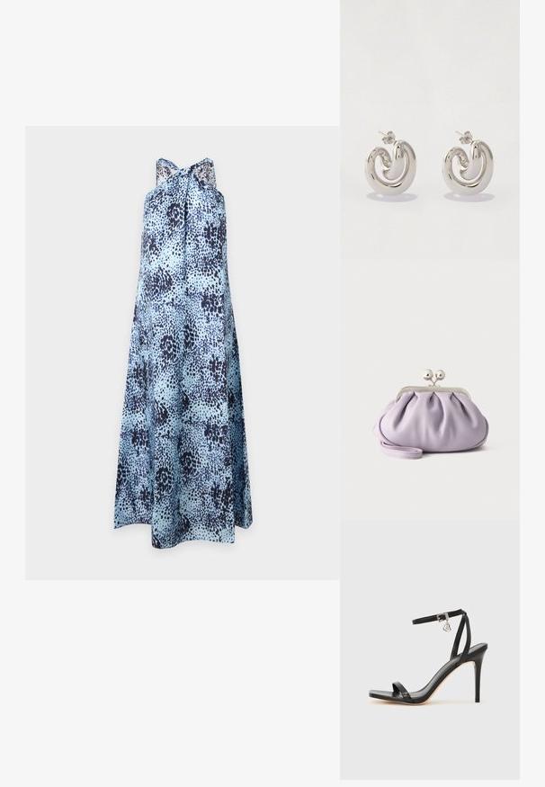 Robe sans manches bleu clair avec motif tacheté irrégulier bleu foncé et col montant noué en un nœud lâche.; Sandale à talon haut noire avec une bride étroite à la cheville, bout carré, cuir lisse et accent de boucle métallique.; Pochette lavande douce avec tissu froncé, fermoir kiss-lock argenté et bracelet assorti sur un fond clair uni.; Boucles d'oreilles en métal argenté avec un design tourbillonnant, présentant des surfaces lisses et une finition polie, maintenues par un fermoir en papillon.