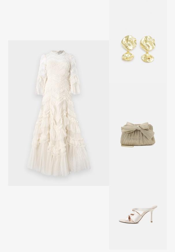Robe blanche avec des couches froncées, tissu texturé à pois, longues manches transparentes et un col haut.; Mule beige à talon haut avec un bout pointu, un talon aiguille fin et trois larges brides en cuir sur le dessus du pied.; Loeffler Randall PLEATED FRAME WITH BOW - Pochette - platinum; Boucles d'oreilles pendantes dorées présentant un design abstrait et texturé avec deux éléments de forme irrégulière, un plus grand au-dessus et un plus petit en dessous.