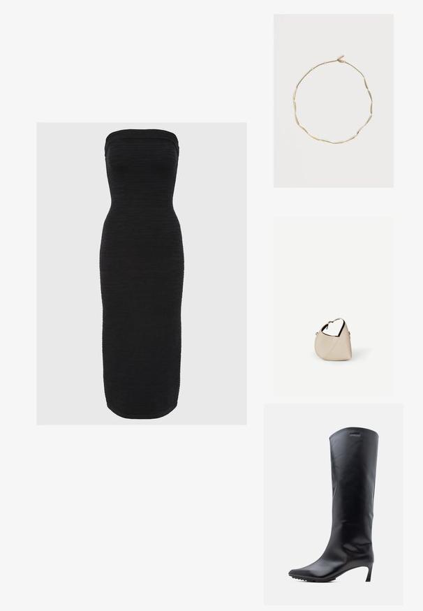 Zwarte strapless midi-jurk met een getailleerd silhouet, textuurstof met horizontale ribbels en een rechte zoom.; Zwarte leren laars tot aan de knie met een puntige neus en een slanke, hoge hak. Gladde textuur met minimale hardware en een merklogo vlak bij de bovenkant.; Beige leren handtas in halvemaanvorm met een enkele schouderband en minimale stiksels, afgebeeld tegen een effen witte achtergrond.; Delicate gouden halsketting met langwerpige ovale kralen verbonden door kleine ringetjes en een karabijnsluiting op een effen lichte achtergrond.