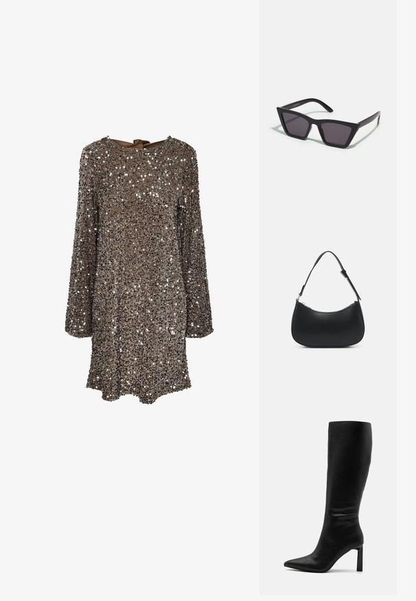 Langärmliges Kleid aus braunem Stoff, der mit silbernen Pailletten besetzt ist, mit einem runden Ausschnitt und einer Schleifenapplikation am Rücken. Reflektierende und strukturierte Oberfläche.; Even&Odd by Zalando Stiefel - black; Schwarze, eckige Sonnenbrille mit grauen Gläsern; aus Kunststoff gefertigt, mit dicken Bügeln, die eine glatte Oberfläche und keine sichtbaren Beschläge haben.; Pieces PCALUANA SHOULDER BAG - Handtasche - black