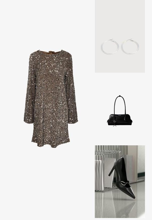 Langärmliges Kleid aus braunem Stoff, der mit silbernen Pailletten besetzt ist, mit einem runden Ausschnitt und einer Schleifenapplikation am Rücken. Reflektierende und strukturierte Oberfläche.; Schwarzer, spitzer High-Heel-Schuh mit silberner Schnalle, auf einer reflektierenden Oberfläche nahe einem Metall-Datei-Organizer mit Papieren platziert.; Schwarze Umhängetasche aus krokodilstrukturiertem Leder mit langen Riemen und einem kleinen silbernen Logocharm an einem Riemen.; Paar glänzende silberne Creolen mit dünnen Drahtverschlüssen, dargestellt vor einem hellgrauen Hintergrund.