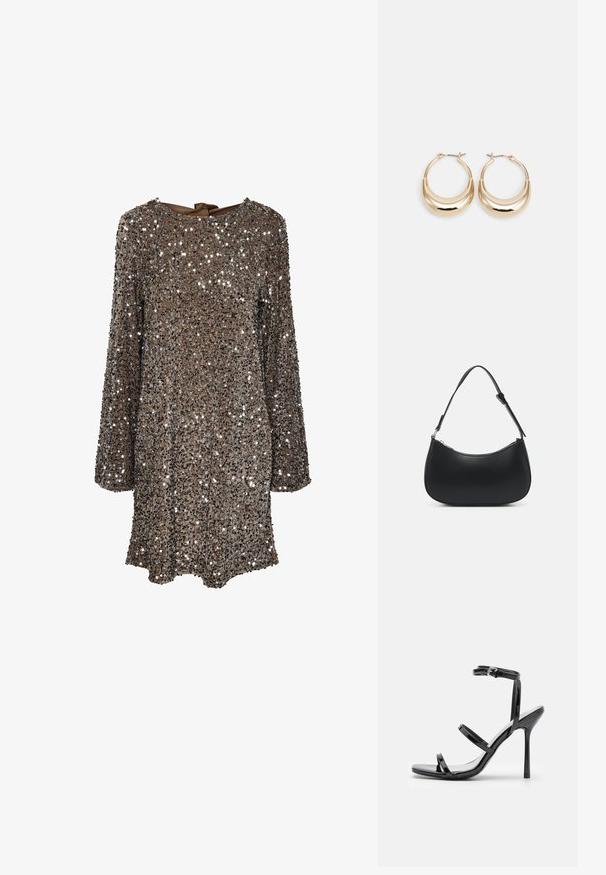 Vestido de manga larga con tela marrón cubierta de lentejuelas plateadas, con un escote redondo y un detalle de lazo en la parte posterior. Superficie reflectante y texturizada.; Sandalias de tacón alto de charol negro con tres tiras horizontales y una correa en el tobillo ajustable. Silueta elegante y acabado brillante.; Pieces PCALUANA SHOULDER BAG - Bolso de mano - black; Pendientes de aro en tono dorado con forma de media luna, superficie pulida y cierre tipo bisagra. La textura suave y el acabado reflectante mejoran la visibilidad.