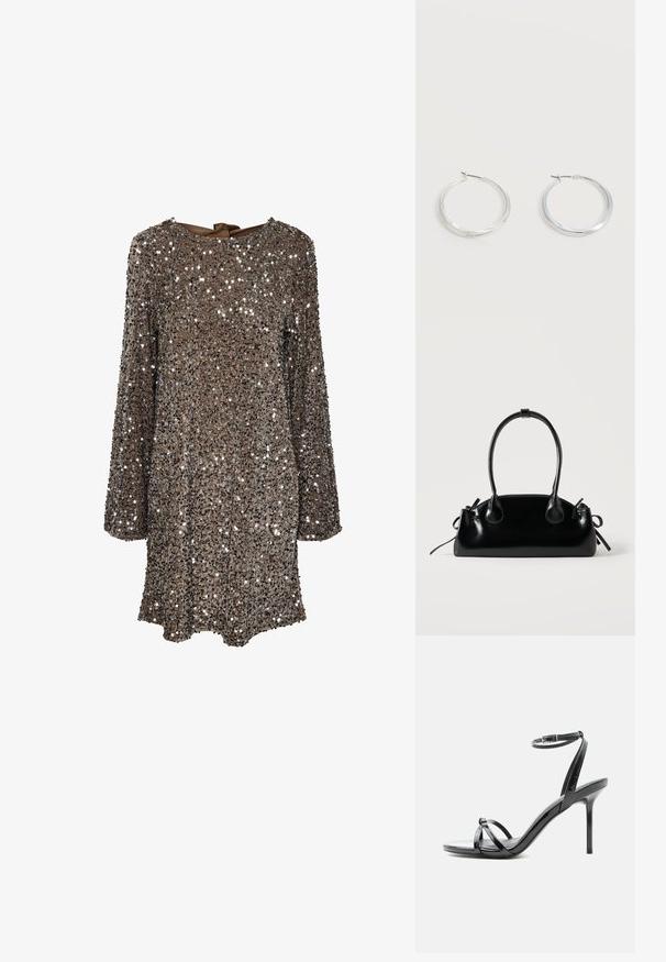 Vestido de manga larga con tela marrón cubierta de lentejuelas plateadas, con un escote redondo y un detalle de lazo en la parte posterior. Superficie reflectante y texturizada.; Sandalia de tacón alto de charol negro con tiras finas que cruzan los dedos y una correa con hebilla en el tobillo sobre un fondo blanco.; Pequeño bolso negro brillante con dos asas largas y detalles de cordón lateral sobre un fondo claro liso.; Pendientes de aro de metal plateado con superficie lisa y ligeramente curvada y cierre de tipo mosquetón sobre un fondo blanco liso.