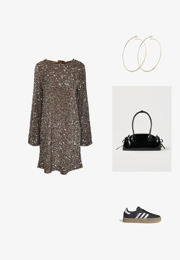 Vestido de manga larga con tela marrón cubierta de lentejuelas plateadas, con un escote redondo y un detalle de lazo en la parte posterior. Superficie reflectante y texturizada.; Zapatilla deportiva de cuero negro con tres rayas plateadas, punta texturizada y suela de goma. Cuenta con un collar acolchado y un diseño con cordones.; Pequeño bolso negro brillante con dos asas largas y detalles de cordón lateral sobre un fondo claro liso.; Pilgrim Pendientes - gold-coloured