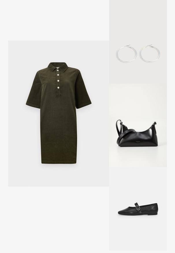 Vestido de pana verde oscuro con mangas cortas, cuello y cuatro botones plateados en el cierre frontal.; Zapato plano de cuero negro con punta redondeada, una sola correa ajustable con hebilla y una textura suave y brillante. Diseño minimalista con un tacón bajo.; Bolso de mano de cuero negro con una textura suave. Cuenta con una correa ajustable y un diseño elegante y minimalista con cierre de cremallera.; Pareja de pendientes de aro plateados brillantes con cierres de alambre delgado, mostrados sobre un fondo gris claro.