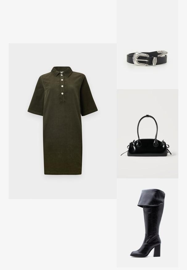 Vestido de pana verde oscuro con mangas cortas, cuello y cuatro botones plateados en el cierre frontal.; Bota alta negra de cuero con tacón, puño doblado y punta redonda, de pie sobre un fondo blanco.; Pequeño bolso negro brillante con dos asas largas y detalles de cordón lateral sobre un fondo claro liso.; Cinturón de cuero negro con una gran hebilla de metal plata que presenta un detallado intrincado y acentos decorativos en ambos extremos.