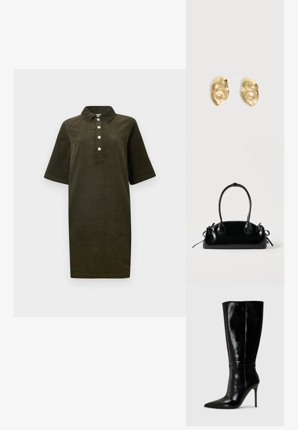 Dunkelgrünes Corduroykleid mit kurzen Ärmeln, Kragen und vier silbernen Knöpfen entlang der Vorderseite.; Schwarze Leder-Knielange Stiefel mit spitzem Schuh und hohem Stiletto-Absatz. Glatte Textur und elegantes Design, das sich durch minimale Details auszeichnet.; Kleine schwarze glänzende Handtasche mit zwei langen Griffen und seitlichen Kordelzug-Details vor einfachem hellem Hintergrund.; Paar glänzende, unregelmäßig geformte Ohrstecker aus Goldmetall mit zerknitterter, glatter Oberfläche auf schlichtem hellem Hintergrund.